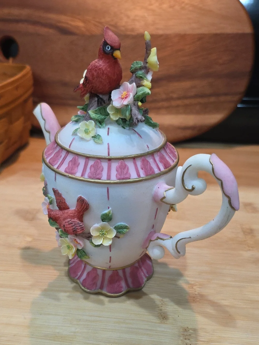 Porcelain Bird Teapot Figurine in Pink and Red - Decorative Pet Bird Accent